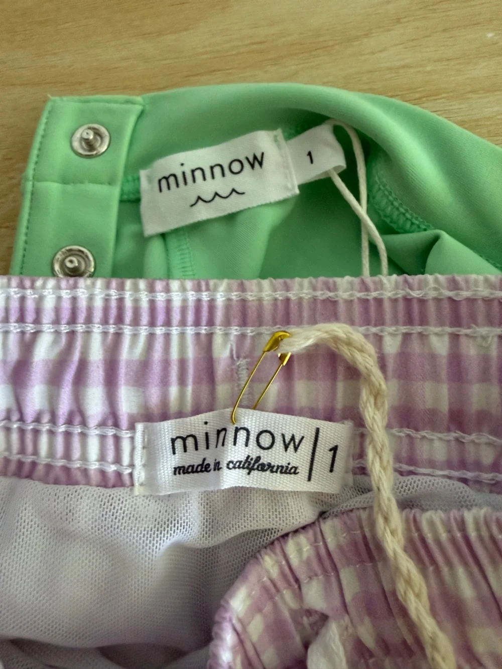 NWT Minnow Kids Set Palm Green Rashguard Lavender Gingham Shorts Sz 1